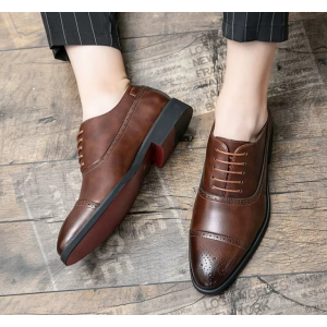 Men's Dress Shoes Red Sole Leather Shoes Pointed Party Shoe Lace-up Office Oxfords Casual Wedding Shoe Retro Business Men Shoes